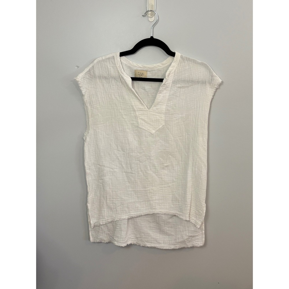 Tina Jo Gauze Top Sleeveless White Tunic Frayed‎ Hem XS Summer Casual